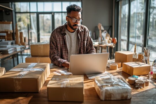 Man Preparing Shipments on Laptop for Online Shop Management