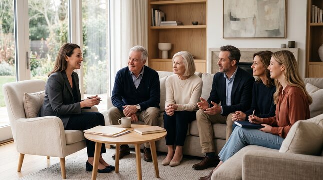 Wealth Advisor Guiding Three Generation Family In Premium Lounge