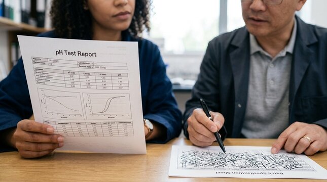 Two quality specialists comparing a printed pH testing result against a batch specification sheet - Pharmaceutical Quality Control and Cold Chain Vaccine Supply Chain Stock Photo