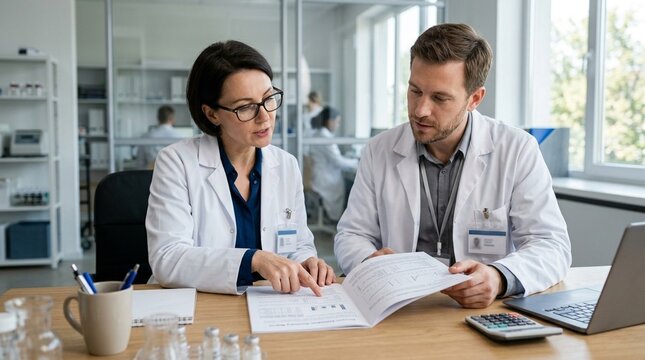 Two quality specialists reviewing a printed process validation summary report at a lab desk - Pharmaceutical Quality Control and Cold Chain Vaccine Supply Chain Stock Photo
