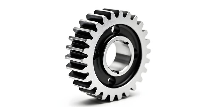 Precision engineered shiny metal spur gear component for industrial machinery and automotive transmission systems on a clean white background