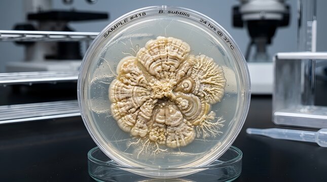 Microbial culture plate showing bacterial growth for scientific laboratory research