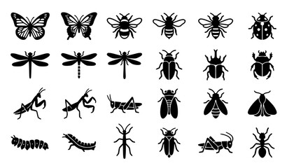 Fototapeta premium Garden and nature insect glyph icon collection featuring butterflies bees beetles dragonflies mantis cicadas moths and bug silhouettes