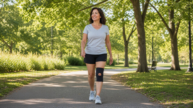 Woman walking in park with knee support brace for active lifestyle and injury prevention. Fitness activity in beautiful nature promotes health and well-being.