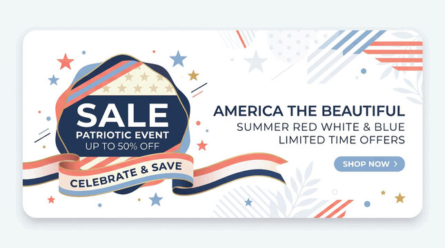 Patriotic Sale Banner, America the Beautiful, Red White and Blue, 50% Off Promotion, Summer Event Label, Celebration Design Vector