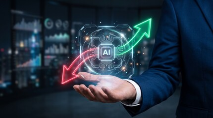 Fototapeta premium Business person holding AI chip with digital growth and decline arrows in office