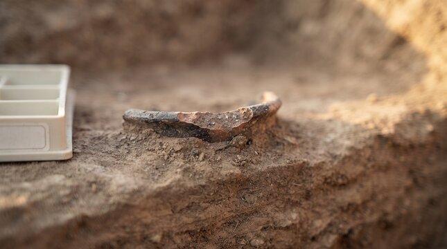 Weathered vessel rim fragment revealed in layered excavation soil