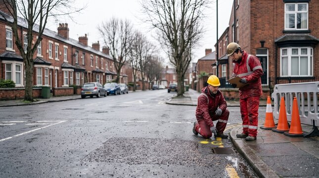 Engineers mark a wet residential street for geothermal drilling