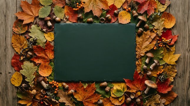 A vibrant autumn scene featuring colorful fallen leaves and a dark slate chalkboard for seasonal messages