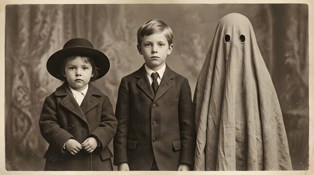 A vintage halloween portrait captures three children in classic costumes evoking a nostalgic and spooky atmosphere