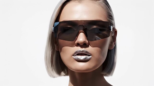 Futuristic woman wearing metallic visor and silver lipstick.