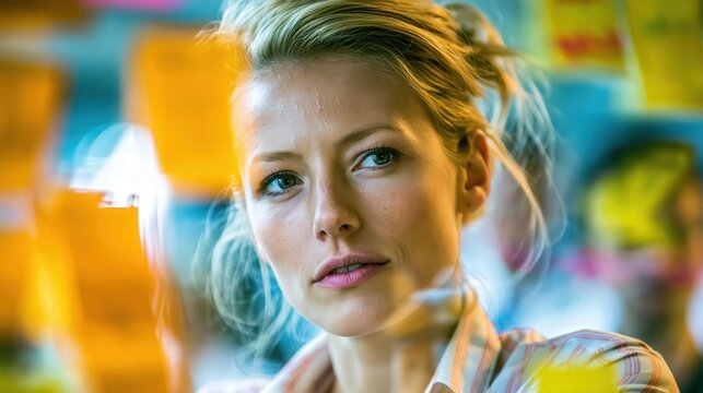 Young woman intently studies colorful notes on a glass surface in a bright, blurred environment.