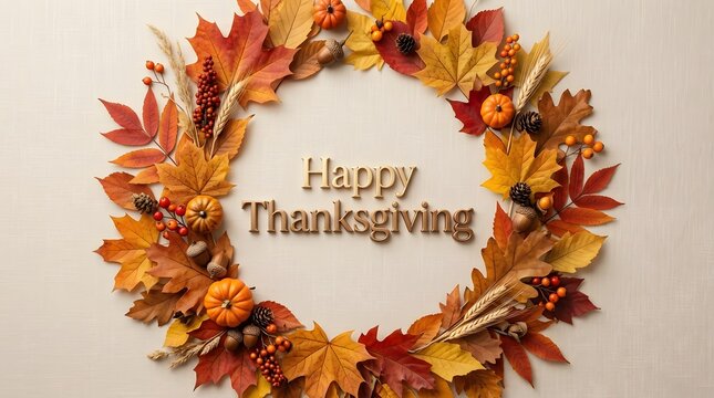 Autumn wreath with Happy Thanksgiving text for seasonal holiday greeting cards and decor