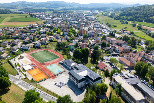 Aerial view of a European town with solar panels installed on rooftops