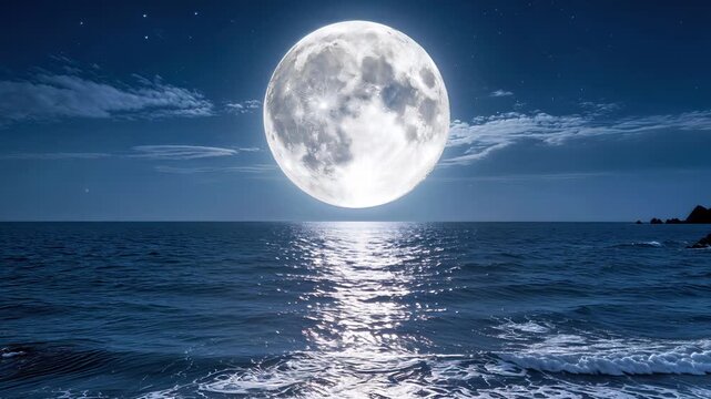 Full moon shining over calm ocean at night. Panning shot of moonlight reflecting on sea waves.