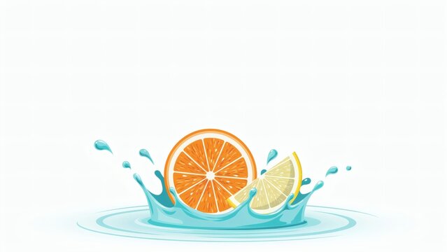 Fresh orange and lemon slices dropping into clear water with displays vibrant orange slice yellow lemon wedge falling pool water stylized blue liquid splash