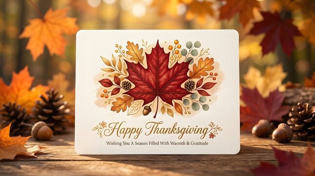 Happy Thanksgiving greeting card with autumn maple leaves on a rustic wooden table background.