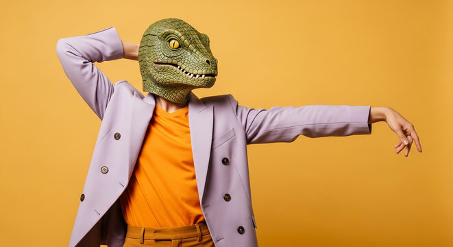 Person in a reptilian mask and lilac blazer, posing with arm raised, symbolizing unexpected duality, mystery, and a playful paradox