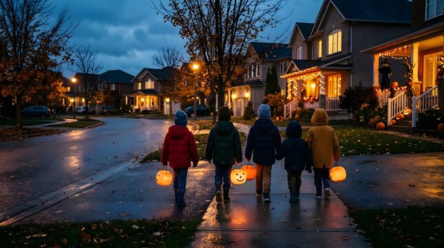 A captivating halloween evening scene shows children trick or treating in a warmly lit suburban neighborhood