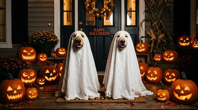 Two adorable dogs dressed as ghosts sit amidst a festive halloween display with many pumpkins