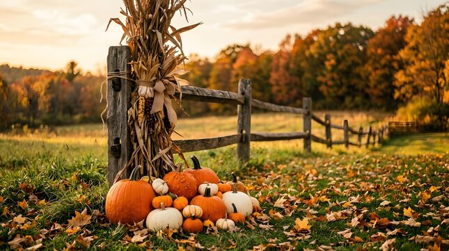 A vibrant autumn scene featuring pumpkins corn stalks and a rustic fence perfect for a fall celebration