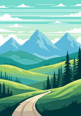 Fototapeta premium Winding path leading through green valley hills and pine forest towards majestic blue mountains, vector illustration, sunny day, vertical view