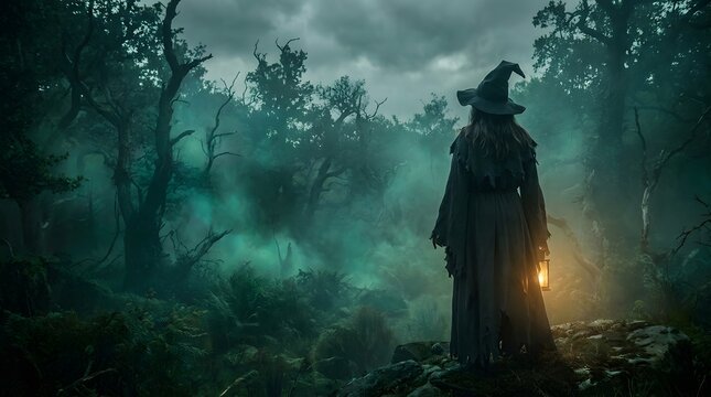 A solitary figure stands in a misty dark forest evoking a sense of mystery and the supernatural
