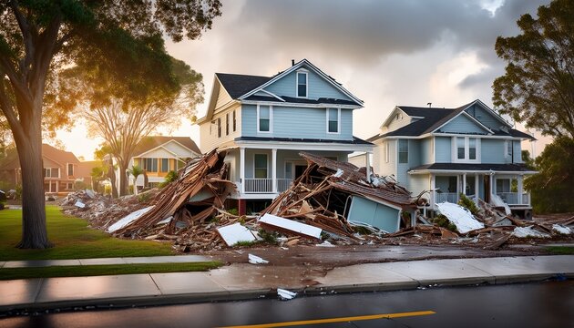 property insurance for damage compensation and risk coverage hurricane damage in residential neighborhood showing destruction