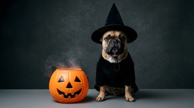 A charming french bulldog dressed as a witch poses next to a glowing jack o' lantern for halloween