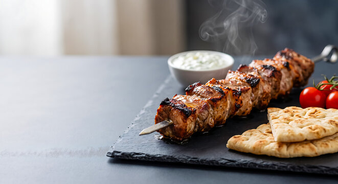 Kontosouvli Greek Pork Skewer with Tzatziki and Pita on Slate Board