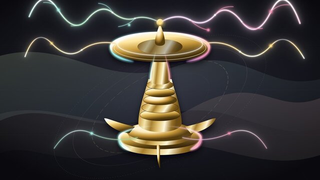 Futuristic golden sci fi device emitting glowing neon energy waves in dark space