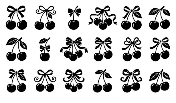 Black Cherry Silhouette Vector Collection with Cute Ribbon Bow Fruit Designs