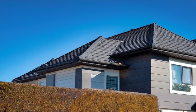 modern residential house exterior featuring durable dark grey metal tile roof with integrated snow guards and efficient rain gutter system against clear blue sky background