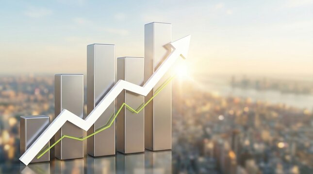 Business growth, rising bar chart, financial success concept with 3D arrow graph over city skyline at sunrise.