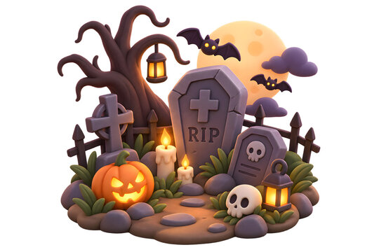 3D Graveyard Illustration on Transparent Background