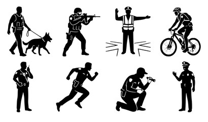 Obraz premium Police Action Pose Silhouette Vector Set with K9 Tactical and Public Safety Officers