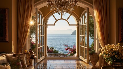 Fototapeta premium Luxurious hotel suite with arched French doors opening to a sunlit ocean view and coastal landscape