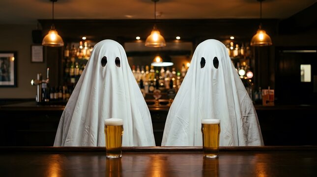 Two ghostly figures enjoy a pint at the bar celebrating the spooky season of halloween