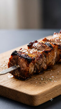 Kontosouvli Greek Spit-Roasted Pork Skewer on Wooden Cutting Board
