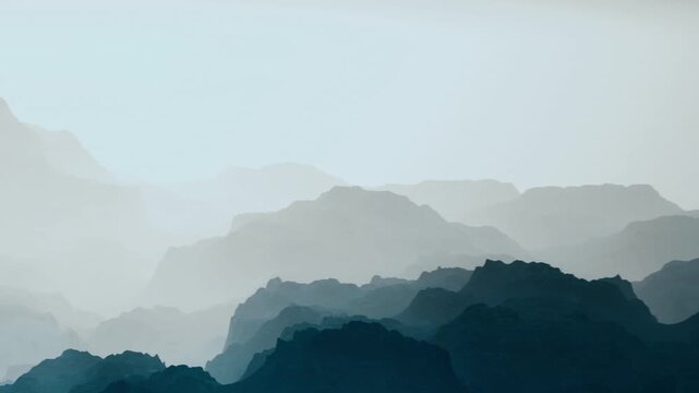 Mountains and hills are partially hidden by fog. The landscape shows multiple layers of dark and light tones. The scene captures the essence of a misty day in a natural setting.