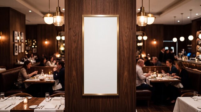 poster mockup blank vertical frame restaurant branding advertising display interior integrates a tall panel into a wooden dining divider for menu campaigns hospitality identity and promotional layouts