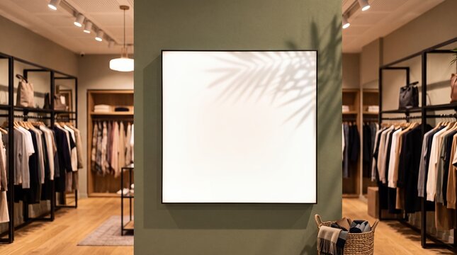poster mockup blank frame retail store square branding advertising display mounts a clean panel among clothing racks for fashion campaigns shop promotions brand identity and seasonal marketing