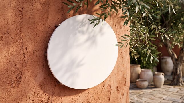 round mockup blank wall sign exterior branding template terracotta shadow places a circular plaque on a warm facade with olive branches for hospitality identity logos and outdoor signage concepts