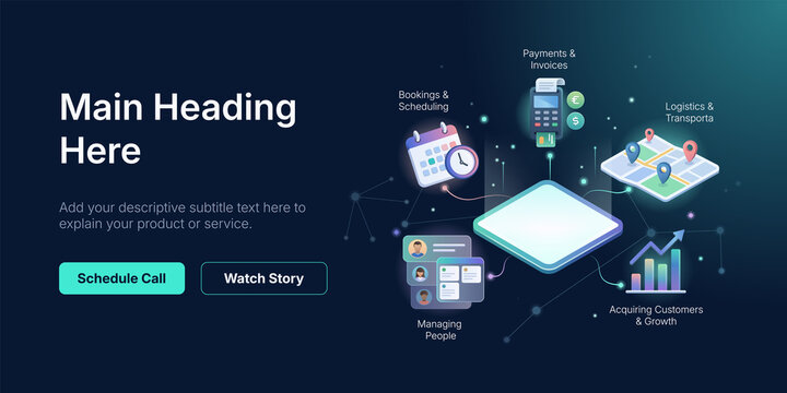 SaaS business management platform landing page vector illustration with booking, payments, logistics, HR, and customer growth infographics.