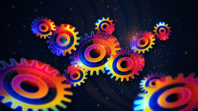 Glowing colorful gear wheels spinning in dark digital space concept