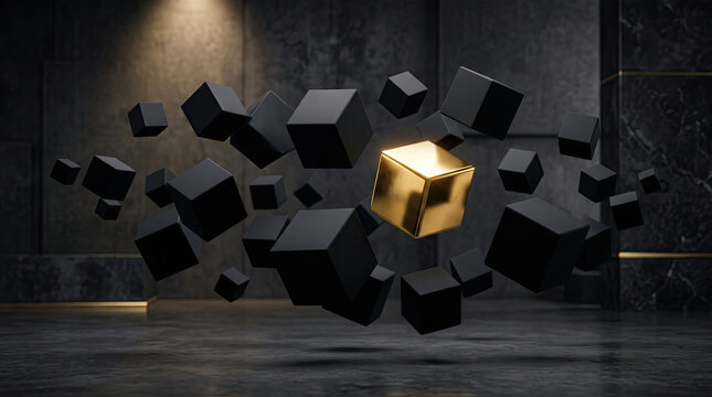 Black cubes with one gold cube floating in a dark room.