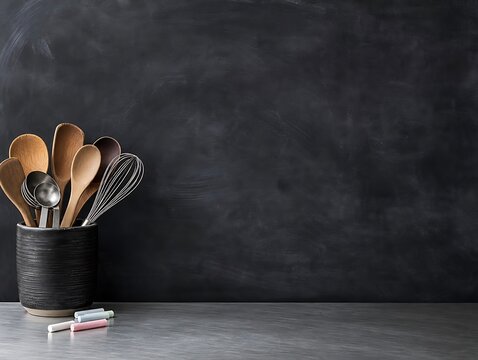 Assorted wooden kitchen utensils in a dark ceramic holder, chalks on a grey surface, dark chalkboard background, cooking preparation concept
