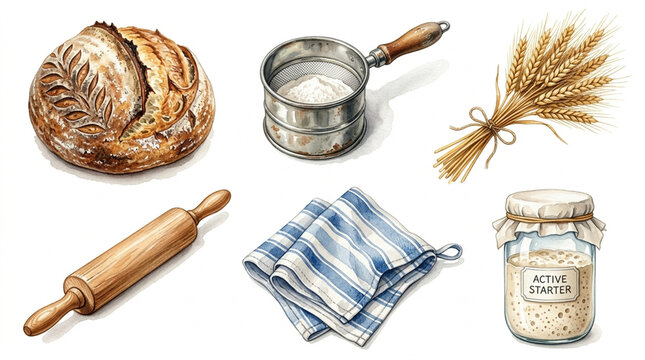 Watercolor Sourdough Bread Baking Set with Artisan Loaf, Active Starter Jar, Flour Sifter, Wheat Stalks, Rolling Pin, and Kitchen Towel, Isolated Illustration on White Background