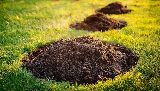 garden damage the countryside problem with moles digged holes by moles in a garden lawn