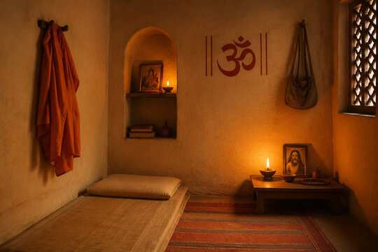 An Indian ashram room with an orange robe on the wall, lit by candlelight.